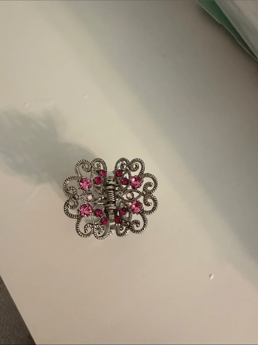 Ornate Silver-Tone Hair Clip/claw with Pink Crystal Accents. Like a butterfly.